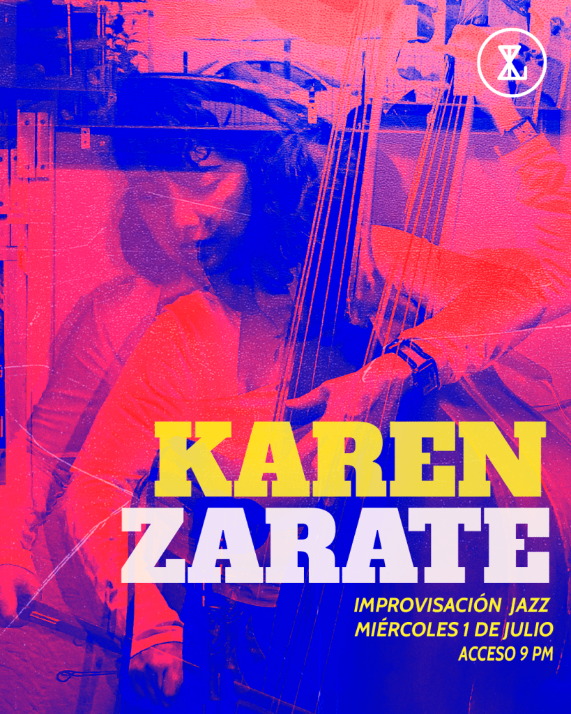 Cartel de evento de jazz con la artista Karen Zarate, incluyendo información sobre improvisación y detalles del acceso.